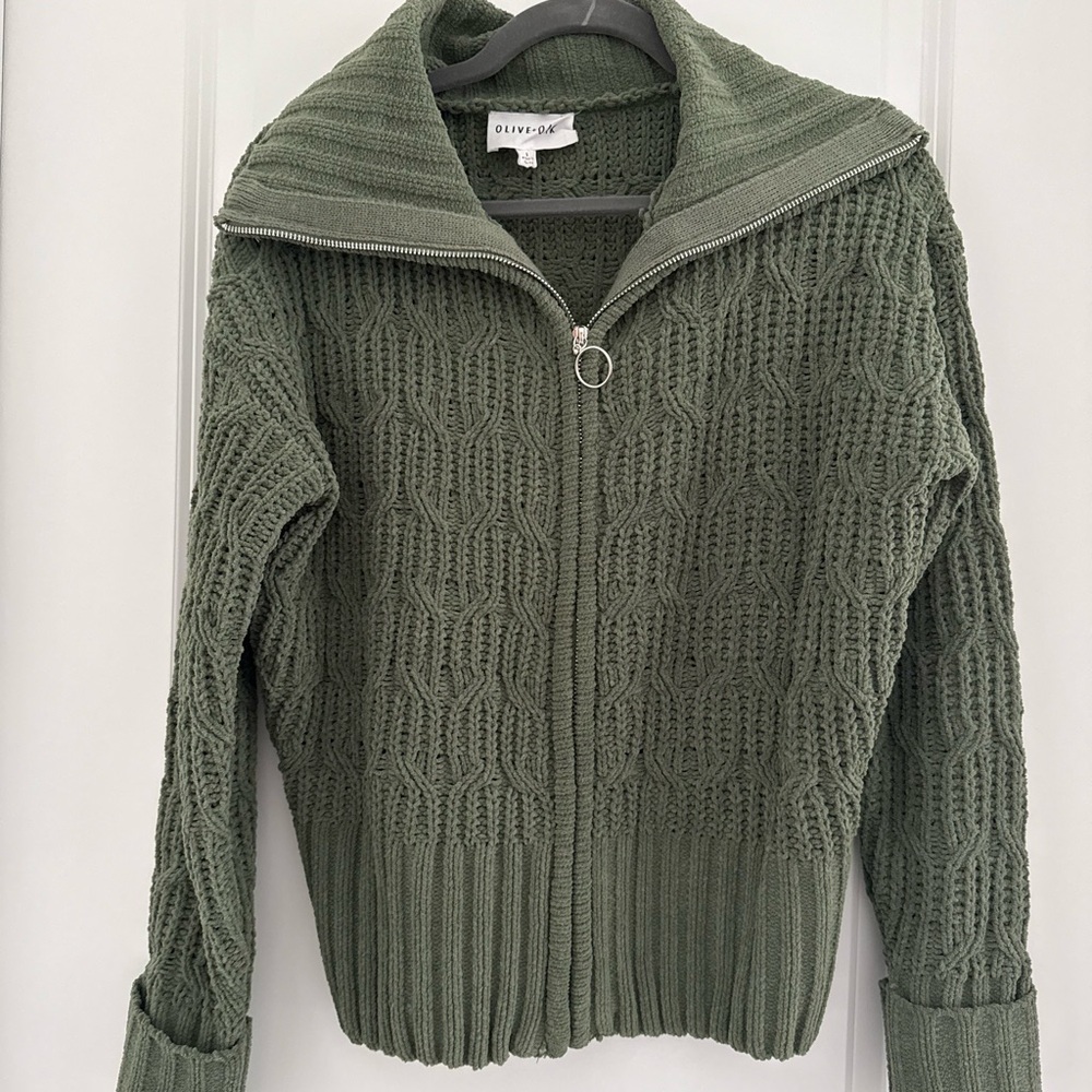 Olive and Oak Green Knit Zip-Up Sweater Jacket - Spring Essential Size Small